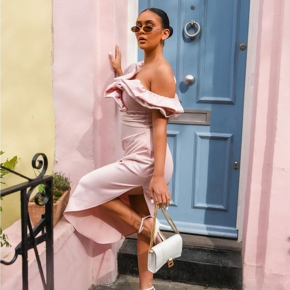 Womens Dresses | Blush Satin Off Shoulder Ruffle Midi Dress - Picture 6 of 11